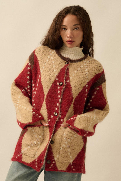 Cross Country Fuzzy-Knit Argyle Pocket Cardigan