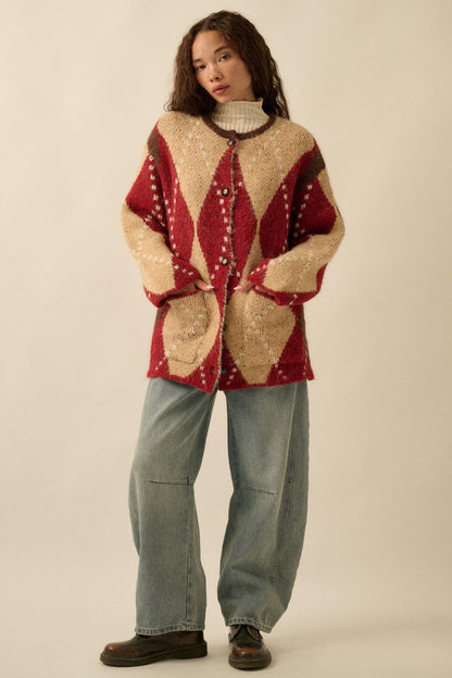 Cross Country Fuzzy-Knit Argyle Pocket Cardigan