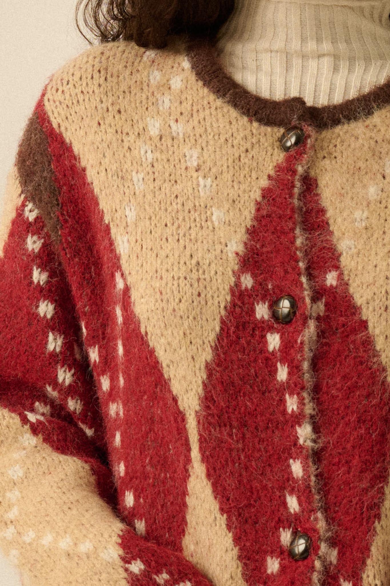 Cross Country Fuzzy-Knit Argyle Pocket Cardigan