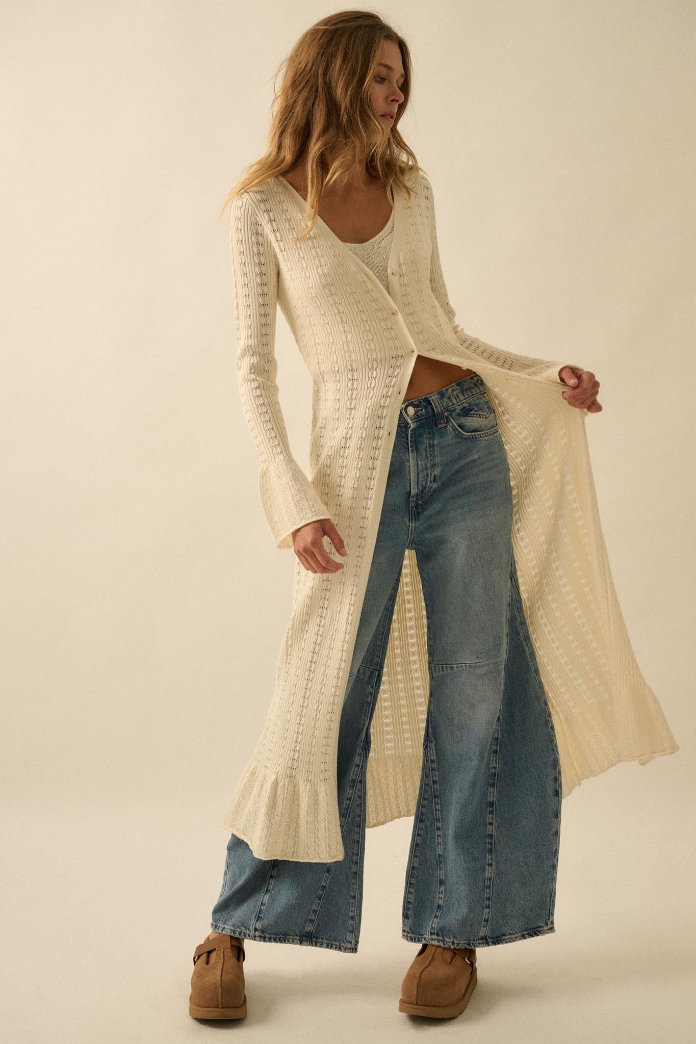 Away We Go Pointelle Rib-Knit Duster Cardigan