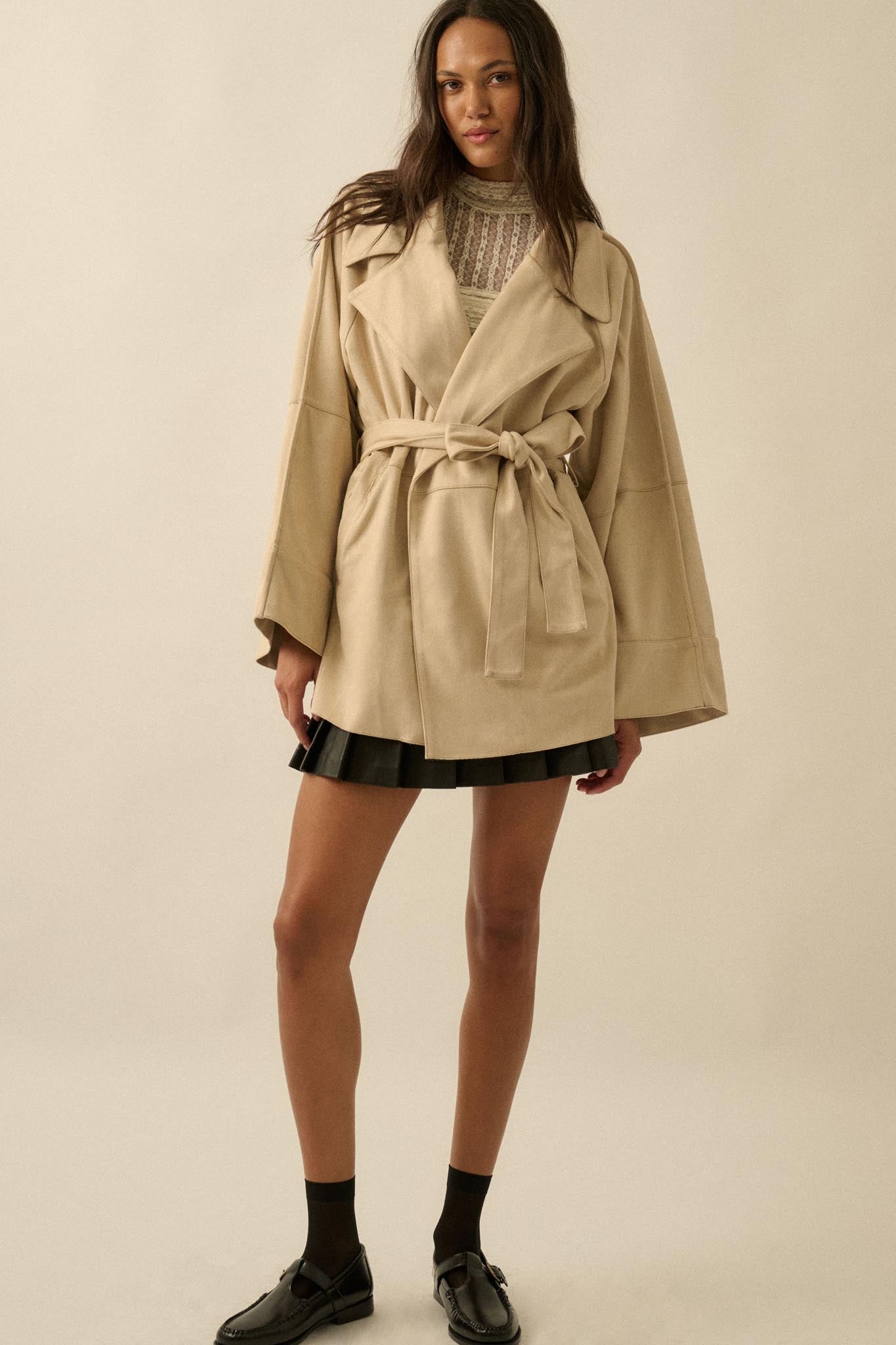 City Life Vegan Suede Belted Cropped Trench Coat