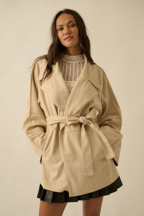 City Life Vegan Suede Belted Cropped Trench Coat