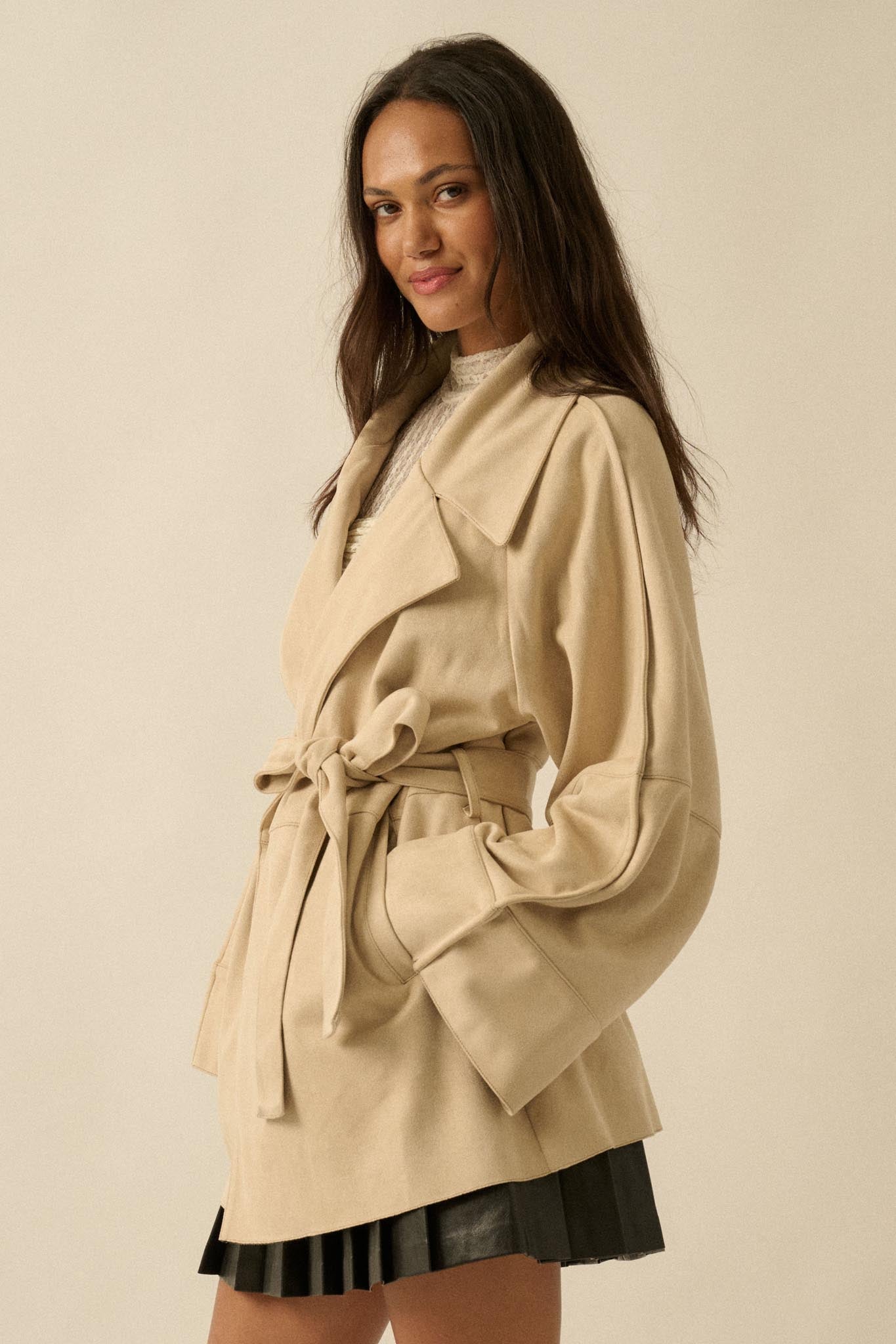City Life Vegan Suede Belted Cropped Trench Coat