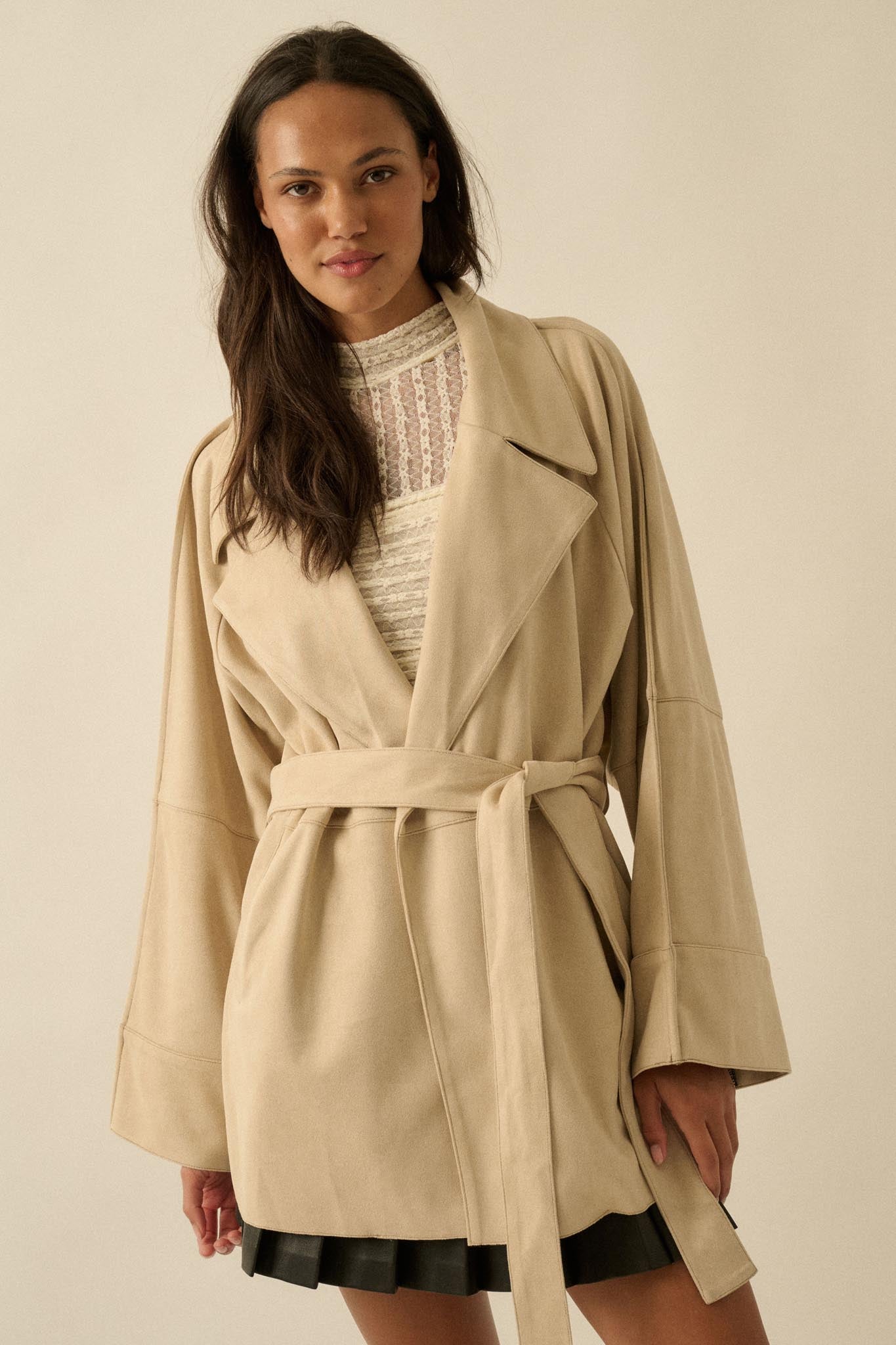 City Life Vegan Suede Belted Cropped Trench Coat