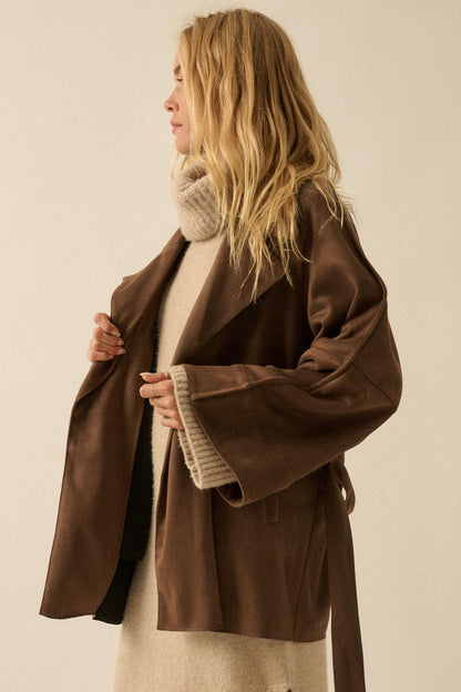 City Life Vegan Suede Belted Cropped Trench Coat