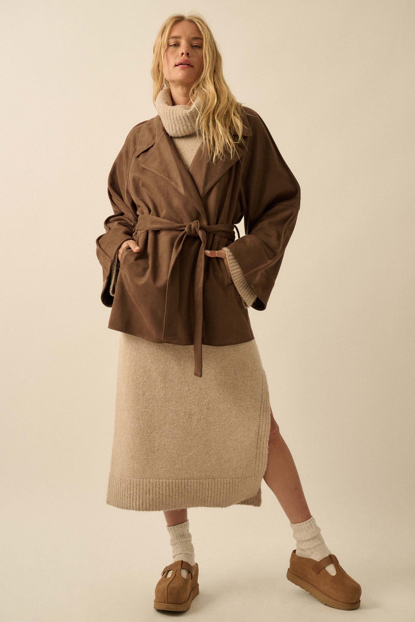 City Life Vegan Suede Belted Cropped Trench Coat