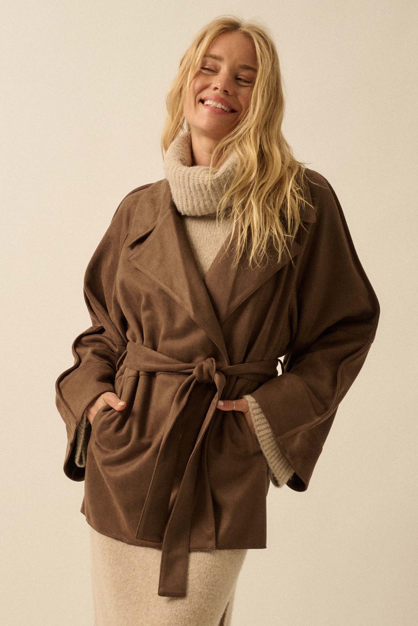 City Life Vegan Suede Belted Cropped Trench Coat