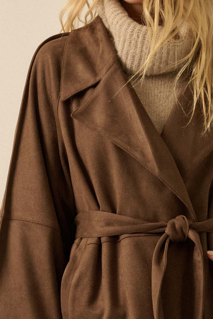 City Life Vegan Suede Belted Cropped Trench Coat