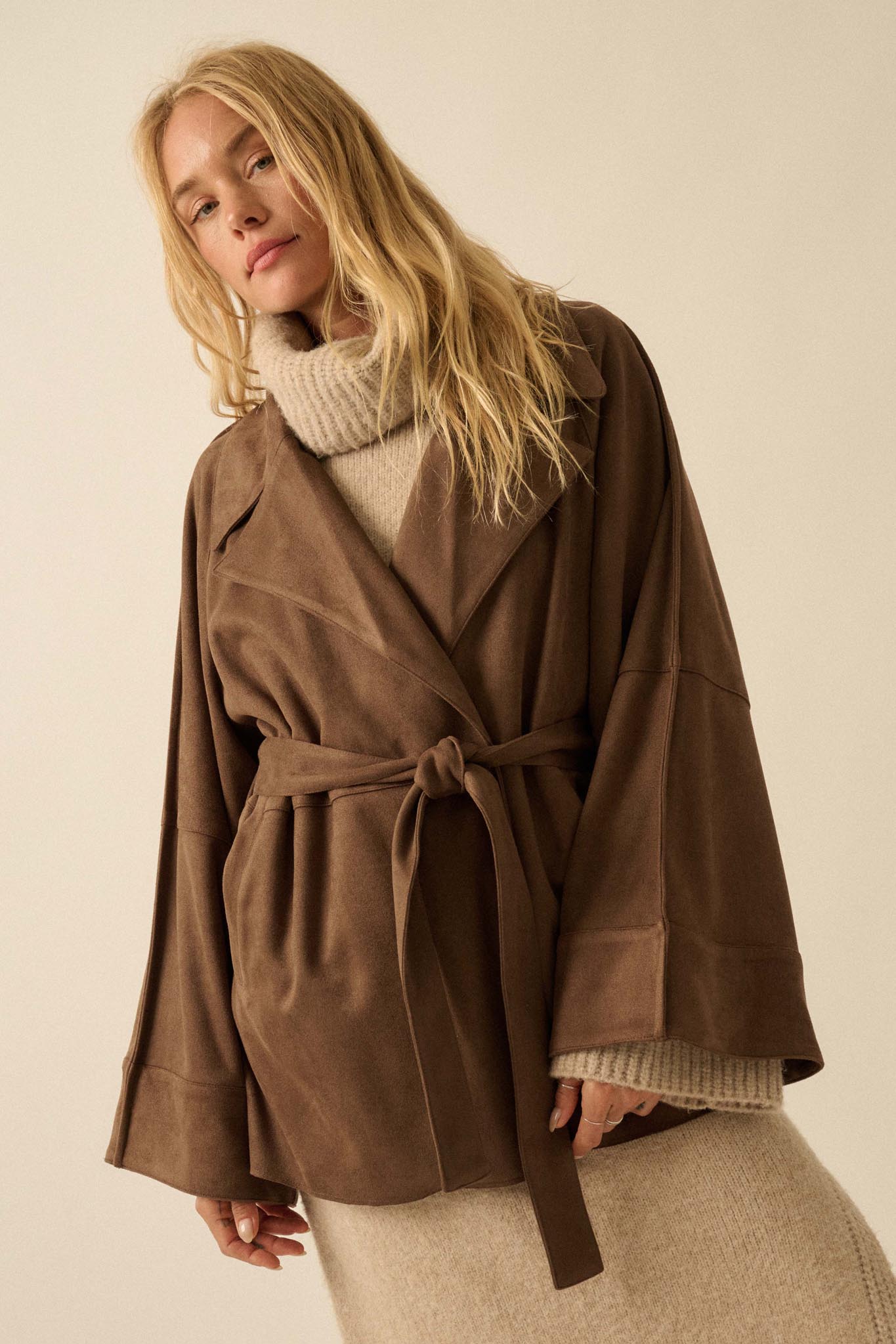 City Life Vegan Suede Belted Cropped Trench Coat