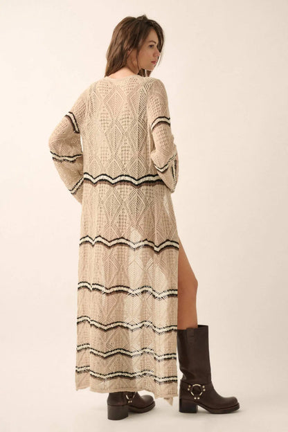 Diamond Drift Striped Crochet Duster Cardigan