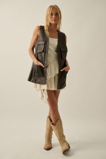 All Day Long Vegan Leather Open-Front Cargo Vest