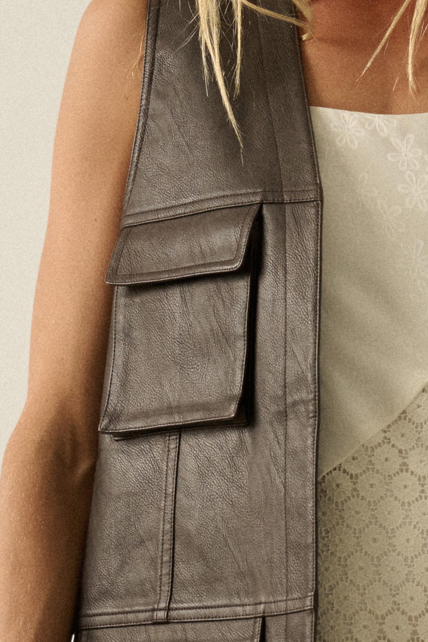 All Day Long Vegan Leather Open-Front Cargo Vest