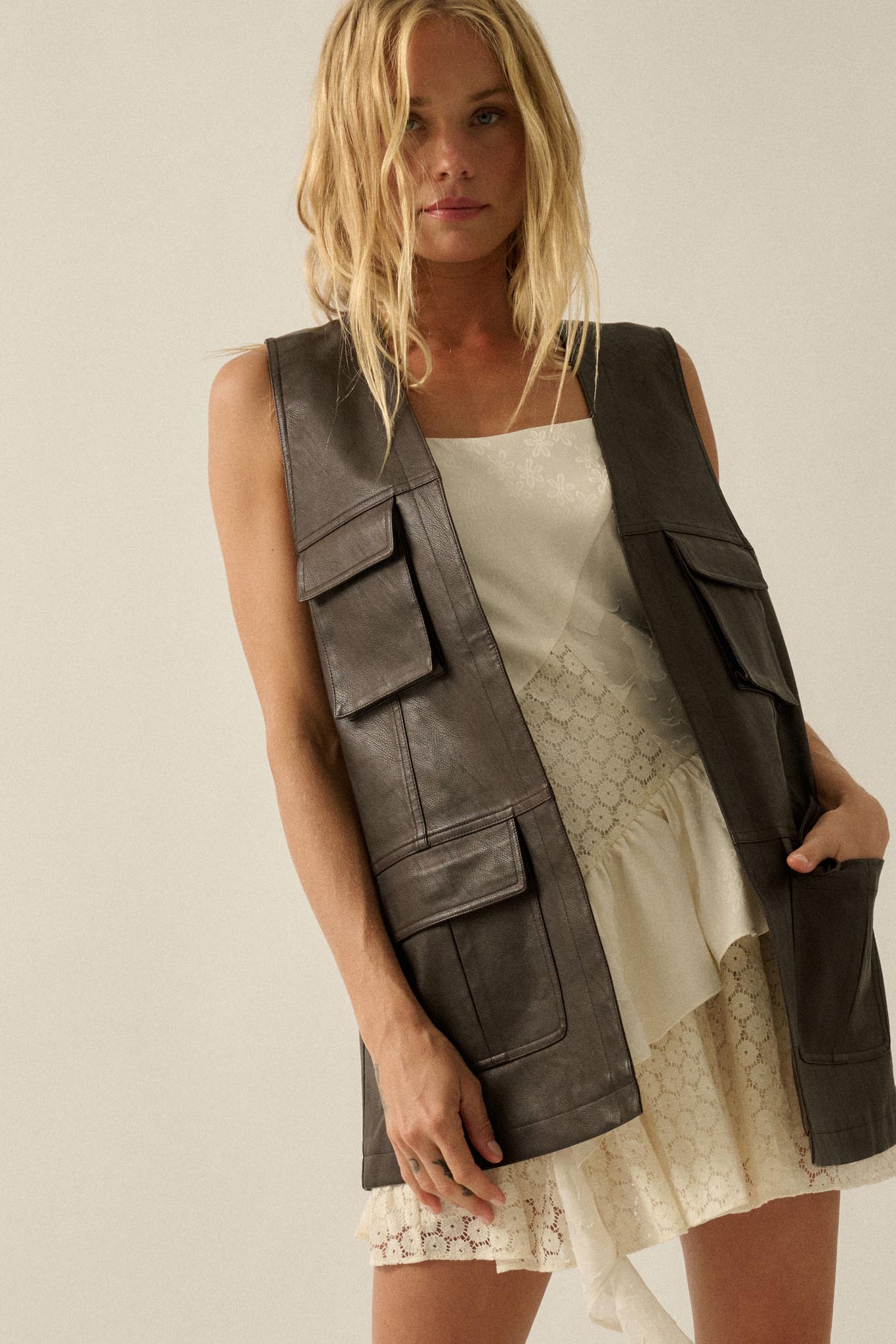 All Day Long Vegan Leather Open-Front Cargo Vest