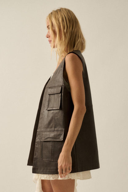 All Day Long Vegan Leather Open-Front Cargo Vest