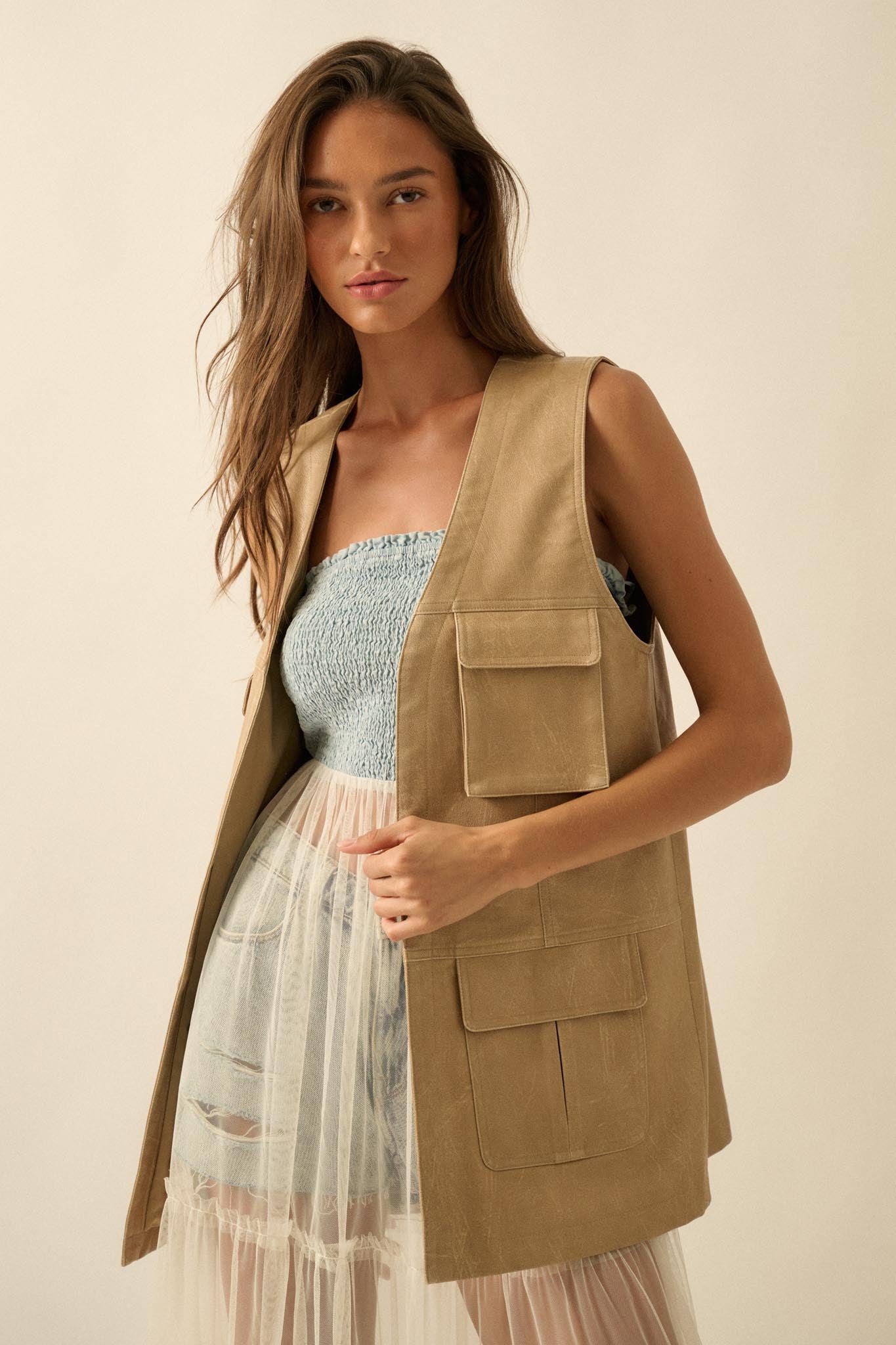 All Day Long Vegan Leather Open-Front Cargo Vest