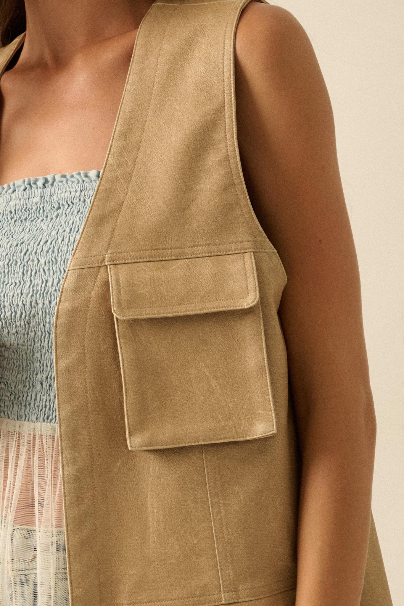 All Day Long Vegan Leather Open-Front Cargo Vest