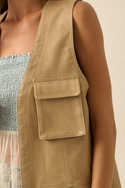 All Day Long Vegan Leather Open-Front Cargo Vest