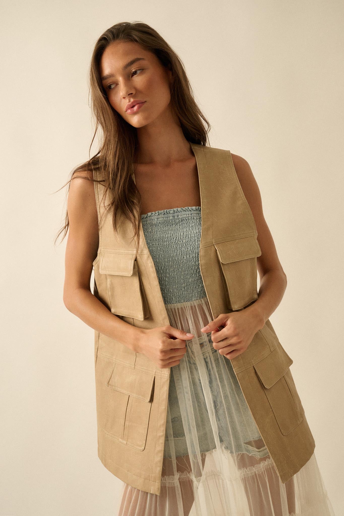 All Day Long Vegan Leather Open-Front Cargo Vest