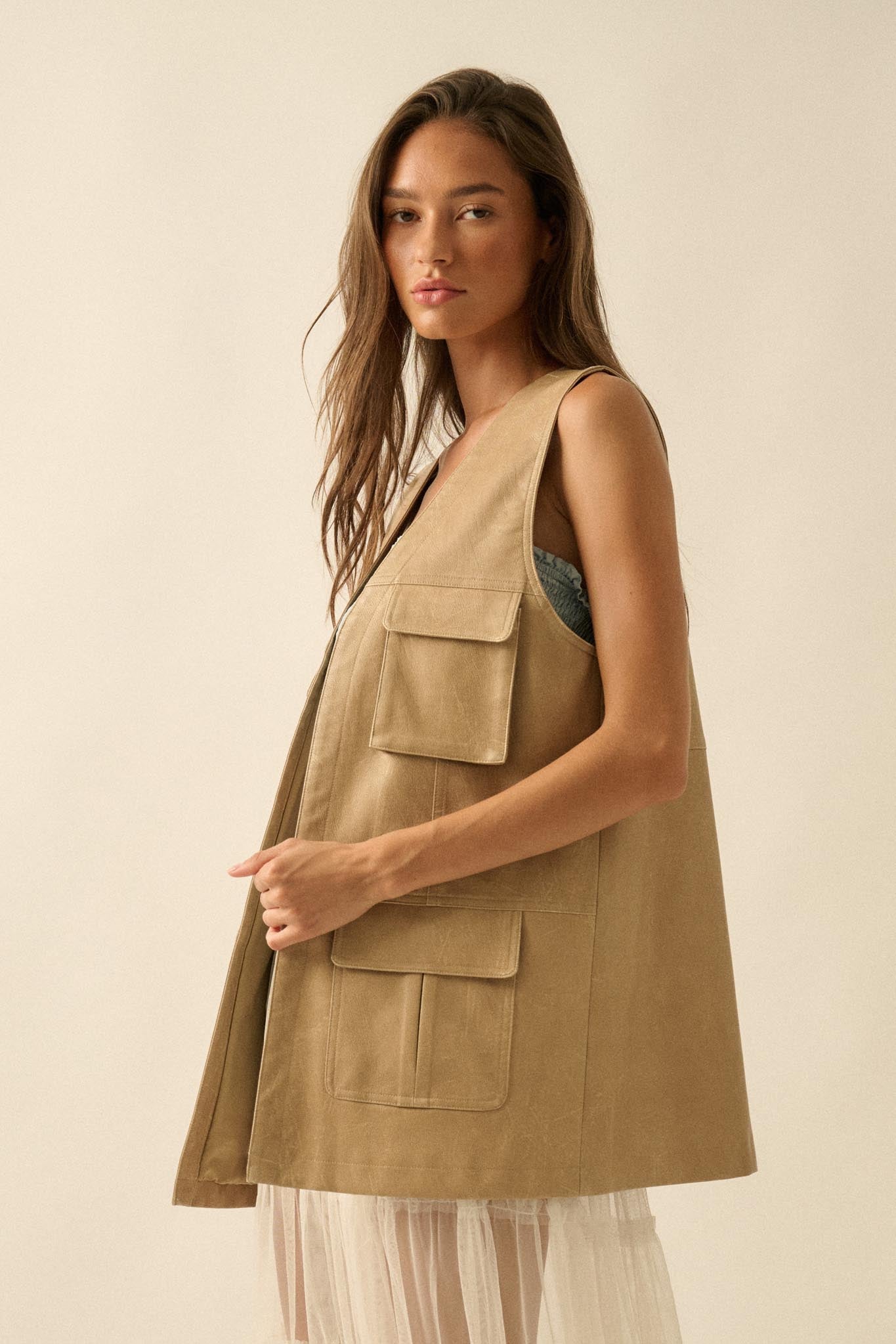 All Day Long Vegan Leather Open-Front Cargo Vest