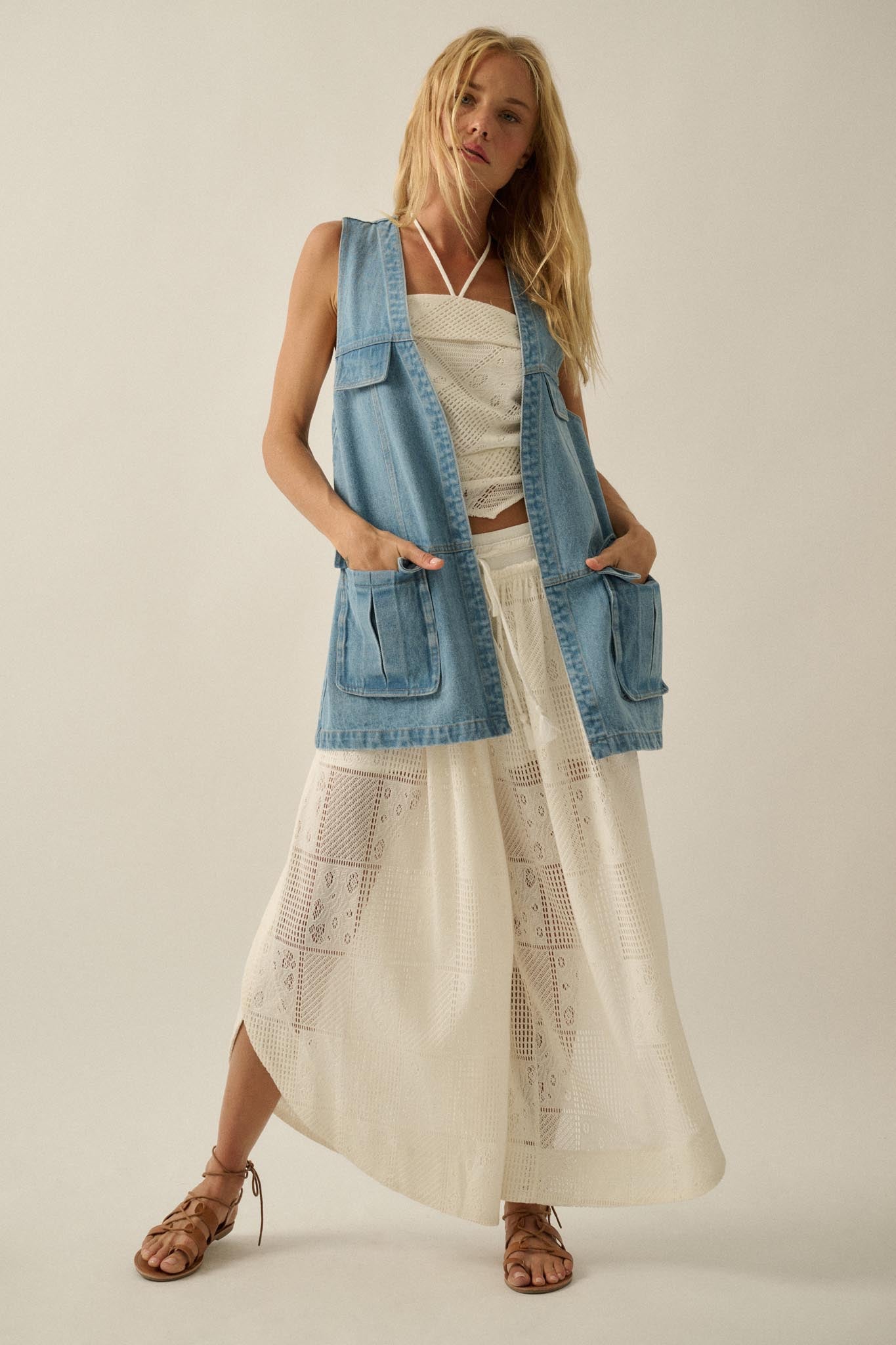 One of These Days Denim Open-Front Cargo Vest