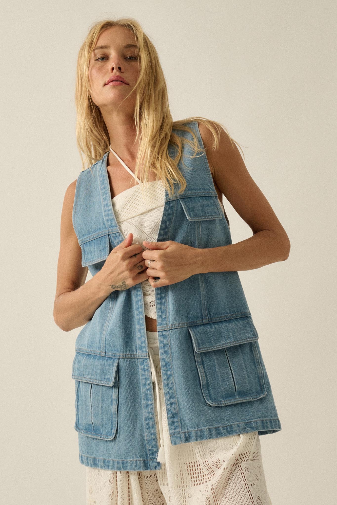 One of These Days Denim Open-Front Cargo Vest