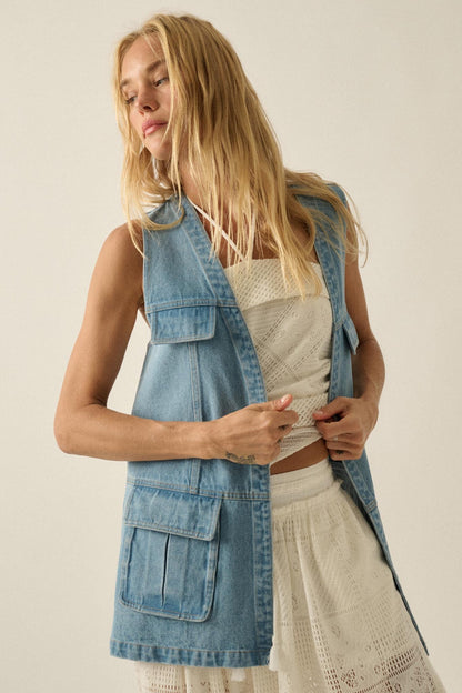 One of These Days Denim Open-Front Cargo Vest