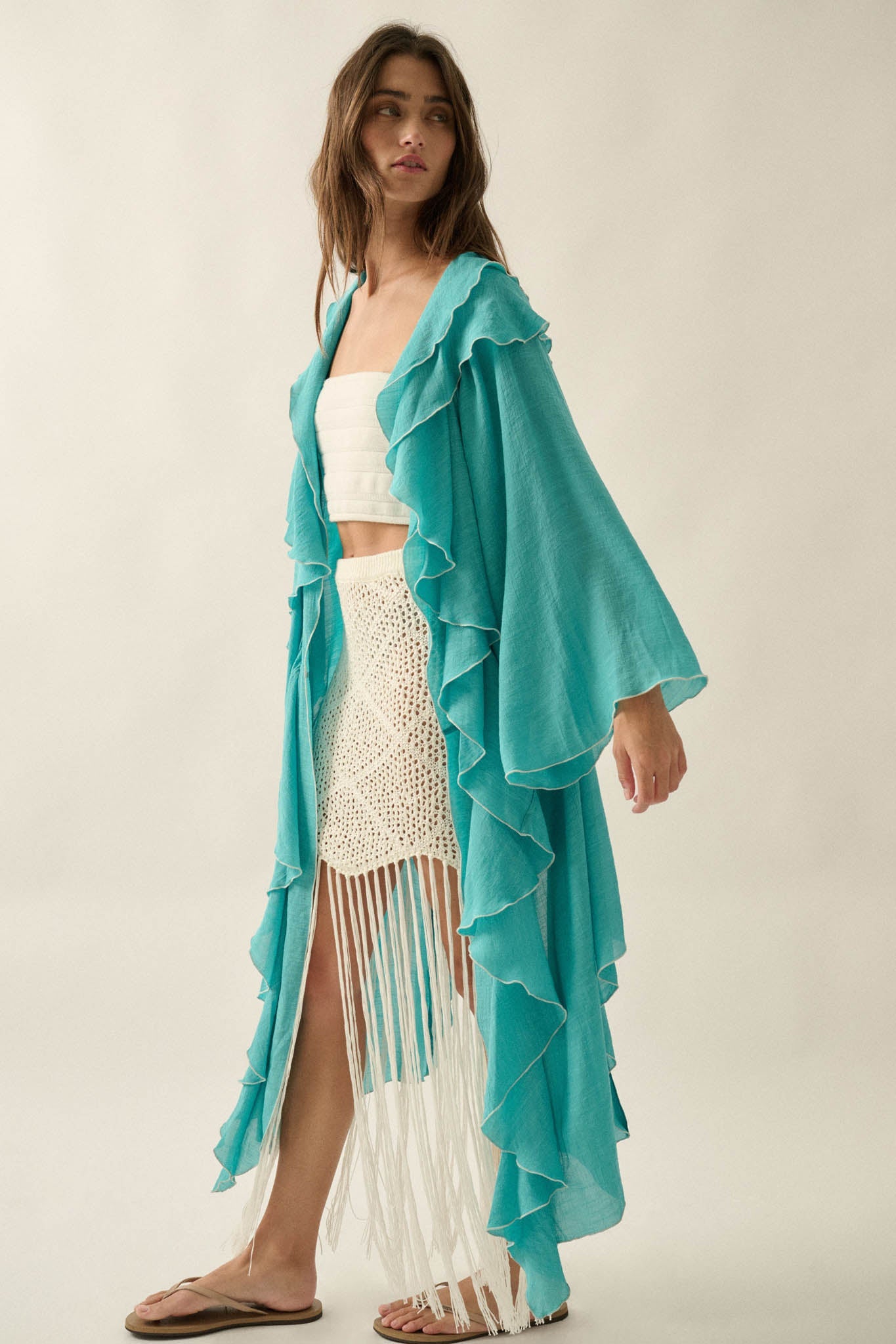 Lavish Living Open-Front Ruffle Kimono Robe