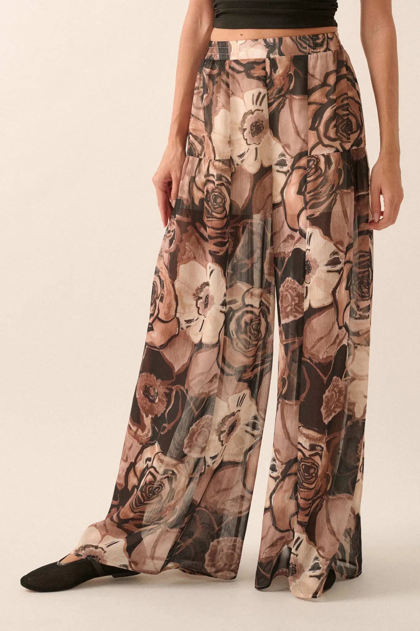 Billowing Blooms Floral Chiffon Wide-Leg Pants