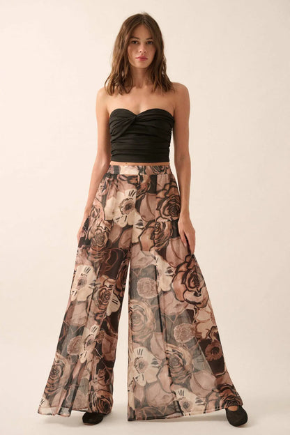 Billowing Blooms Floral Chiffon Wide-Leg Pants