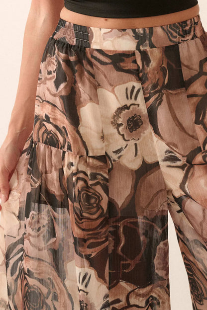 Billowing Blooms Floral Chiffon Wide-Leg Pants