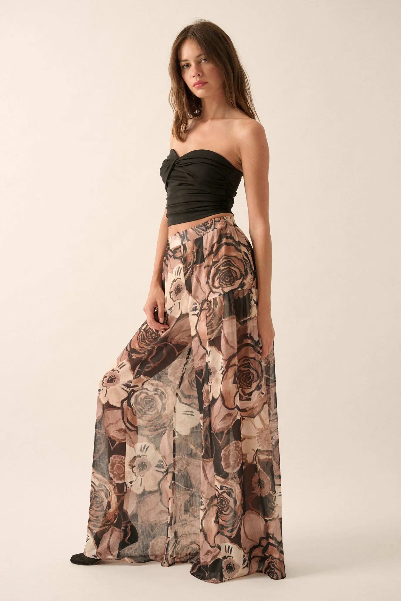 Billowing Blooms Floral Chiffon Wide-Leg Pants