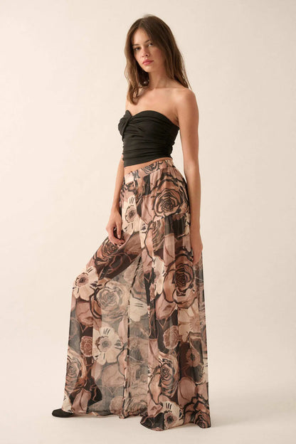 Billowing Blooms Floral Chiffon Wide-Leg Pants