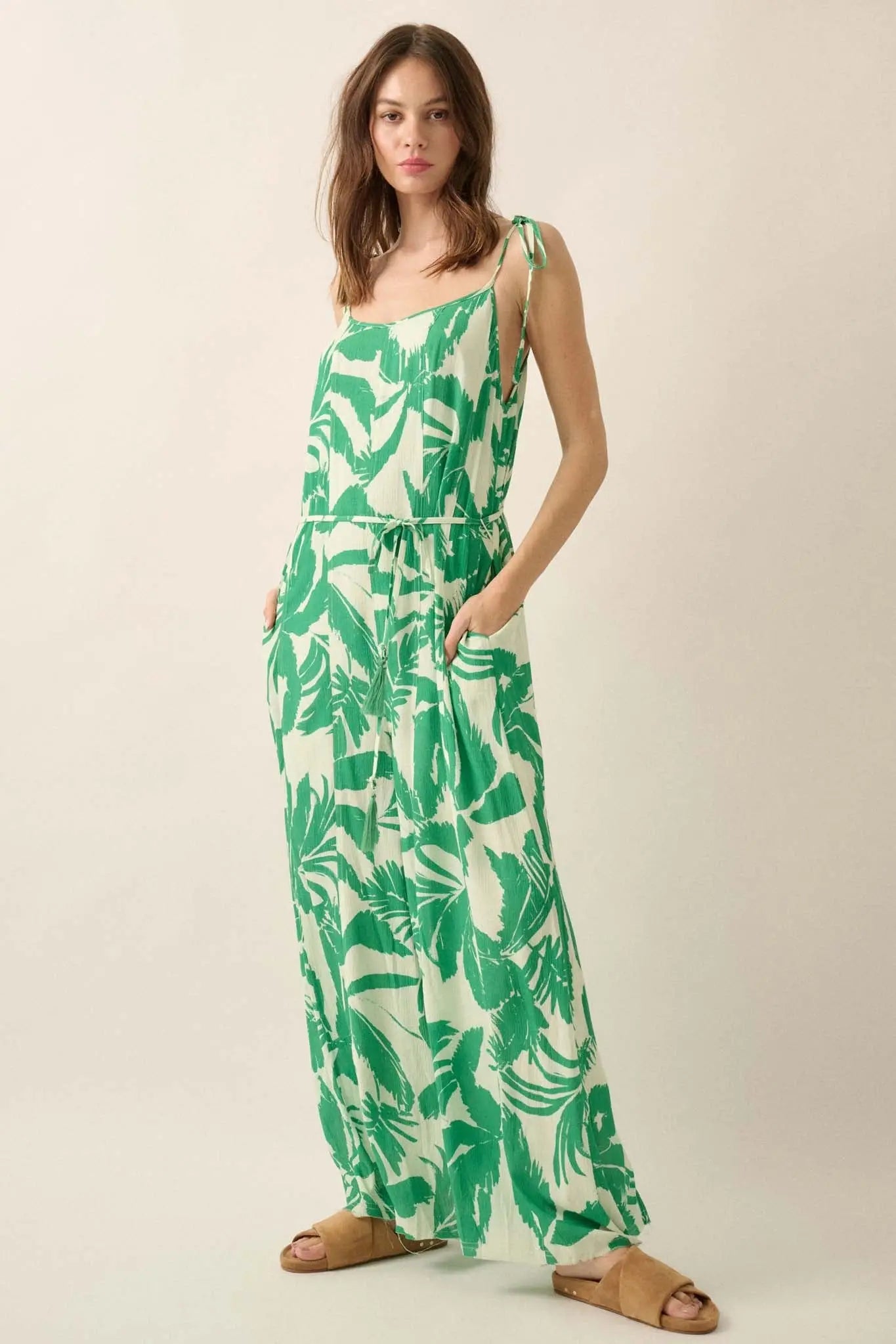 Leaf Me Be Tropical Belted Wide-Leg Jumpsuit
