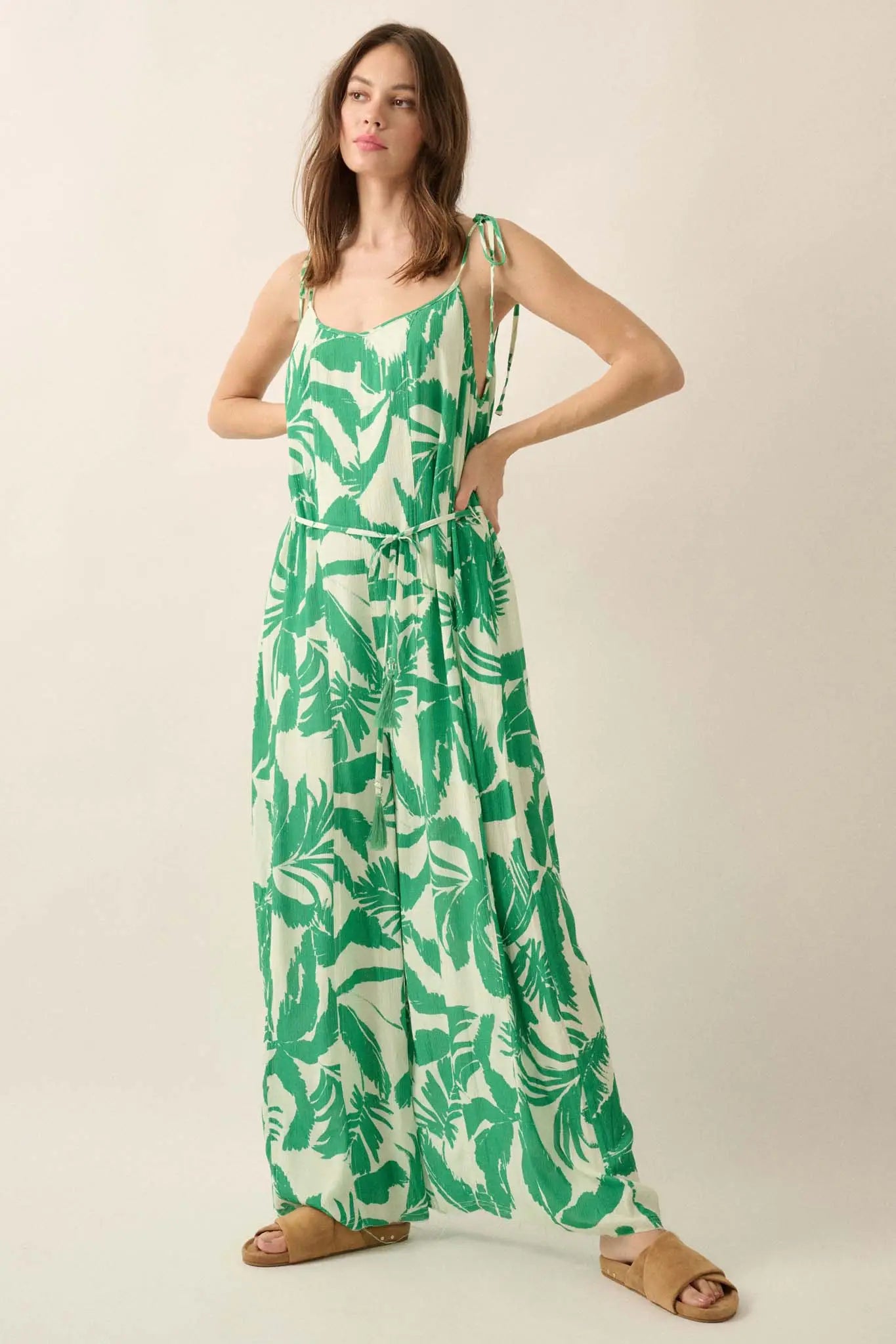 Leaf Me Be Tropical Belted Wide-Leg Jumpsuit