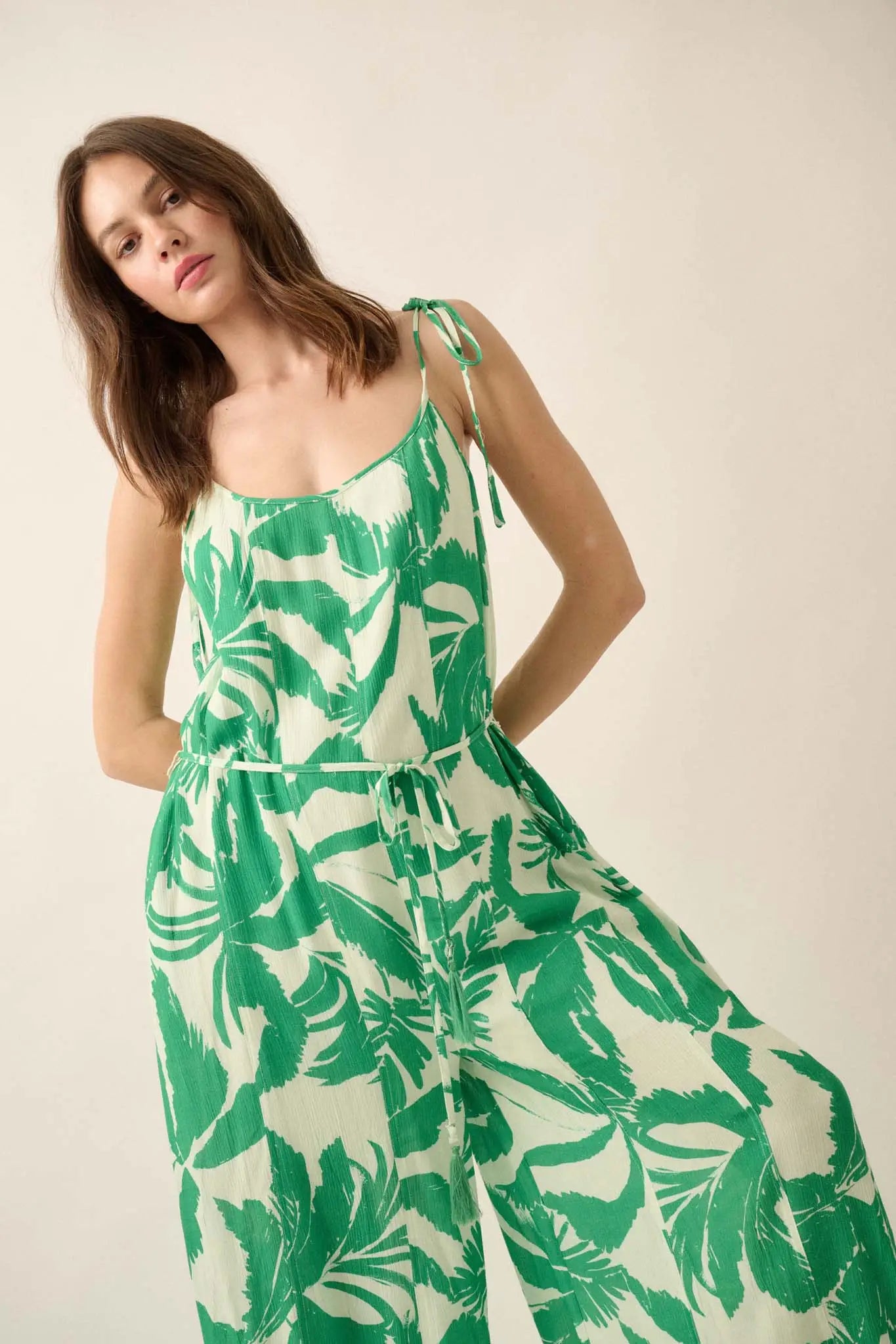 Leaf Me Be Tropical Belted Wide-Leg Jumpsuit