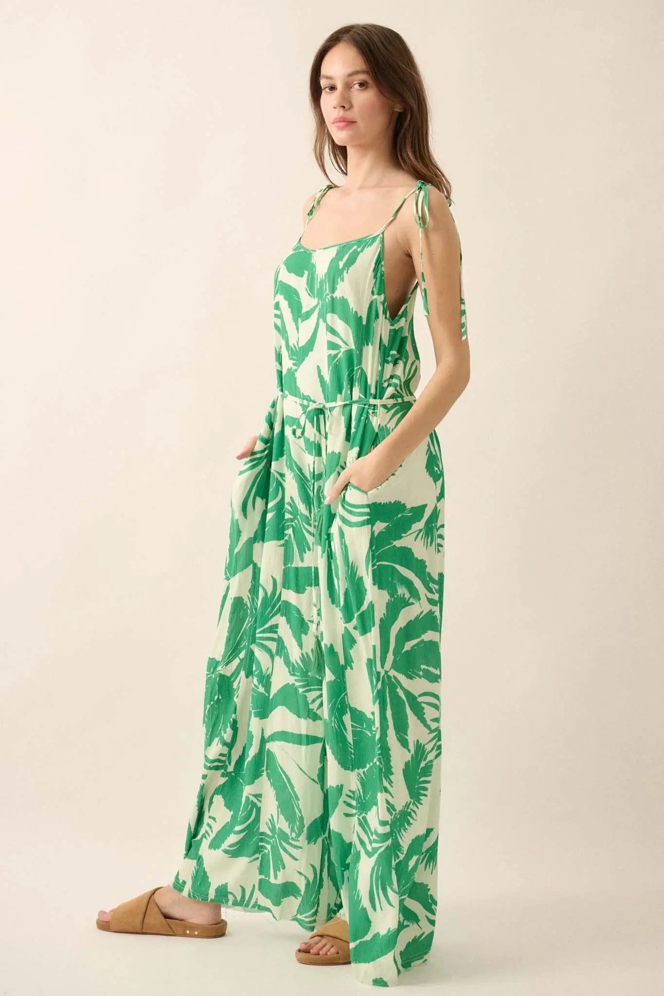 Leaf Me Be Tropical Belted Wide-Leg Jumpsuit