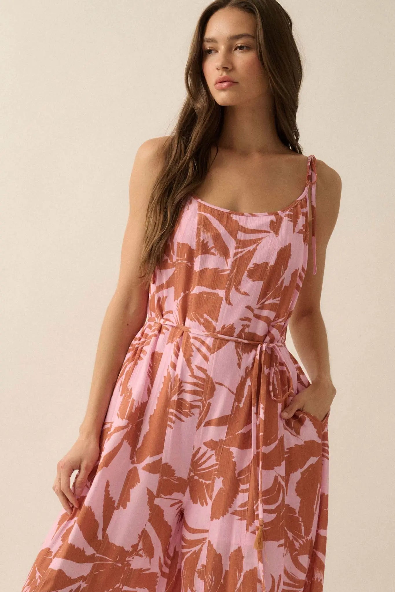 Leaf Me Be Tropical Belted Wide-Leg Jumpsuit