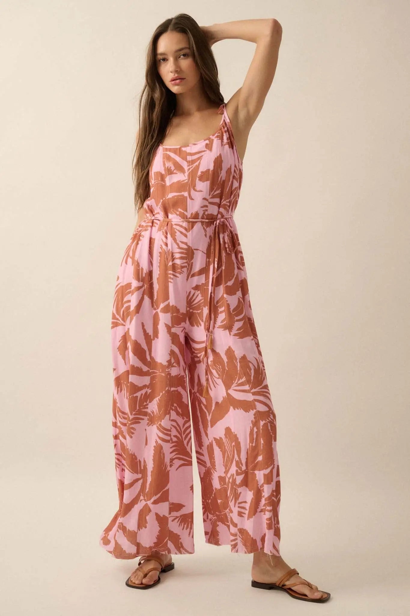 Leaf Me Be Tropical Belted Wide-Leg Jumpsuit