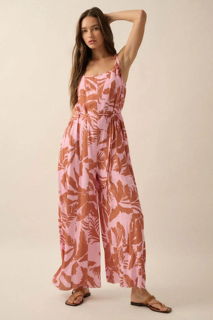 Leaf Me Be Tropical Belted Wide-Leg Jumpsuit