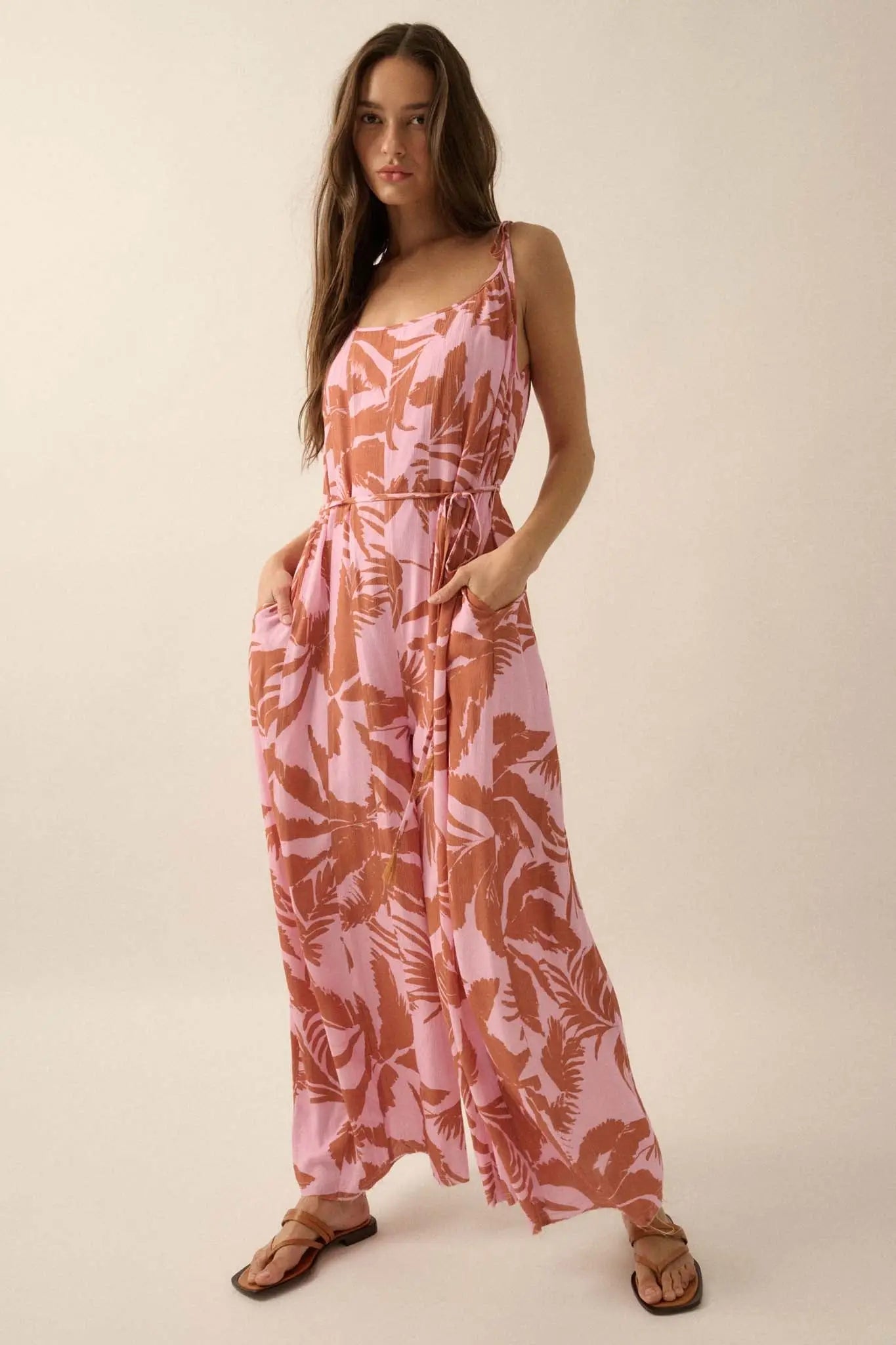 Leaf Me Be Tropical Belted Wide-Leg Jumpsuit