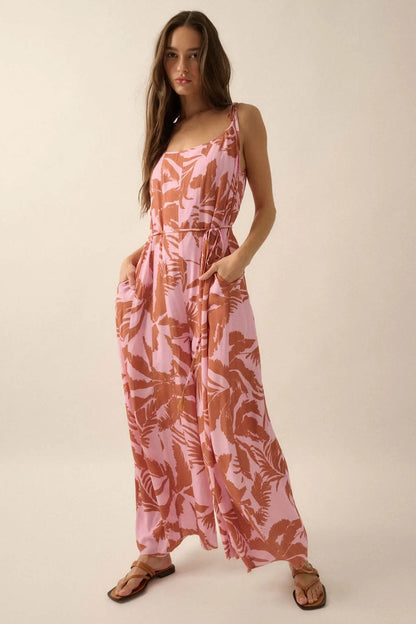 Leaf Me Be Tropical Belted Wide-Leg Jumpsuit