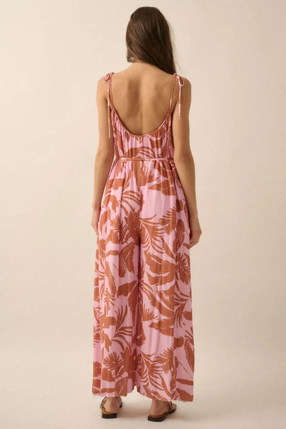 Leaf Me Be Tropical Belted Wide-Leg Jumpsuit
