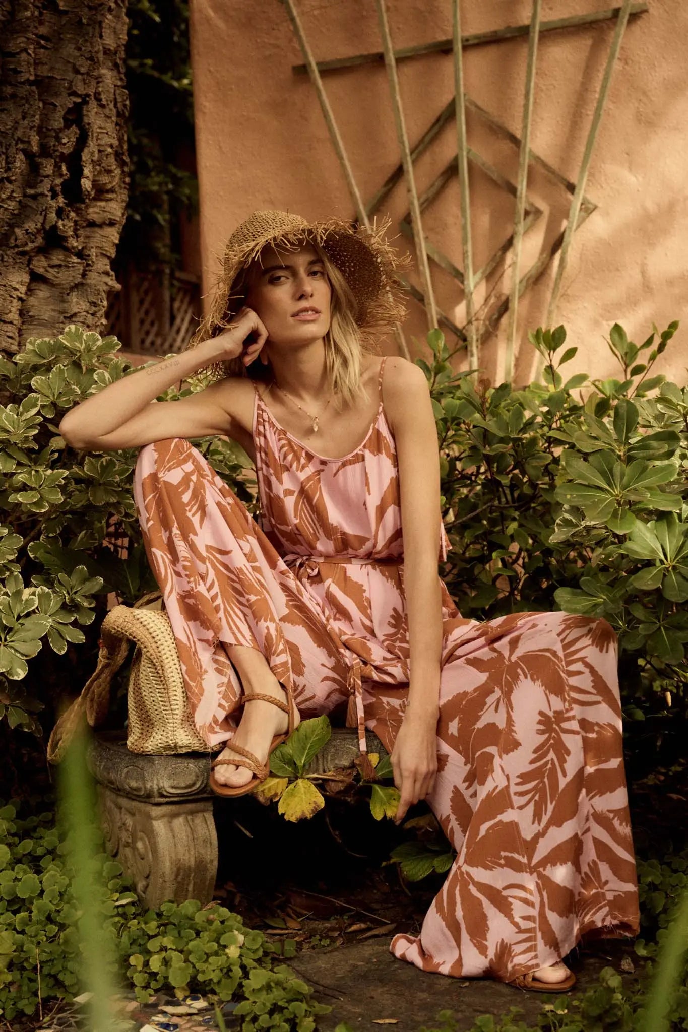 Leaf Me Be Tropical Belted Wide-Leg Jumpsuit