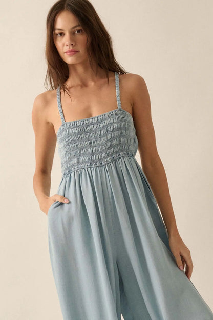 Into the Blue Smocked Denim Wide-Leg Jumpsuit