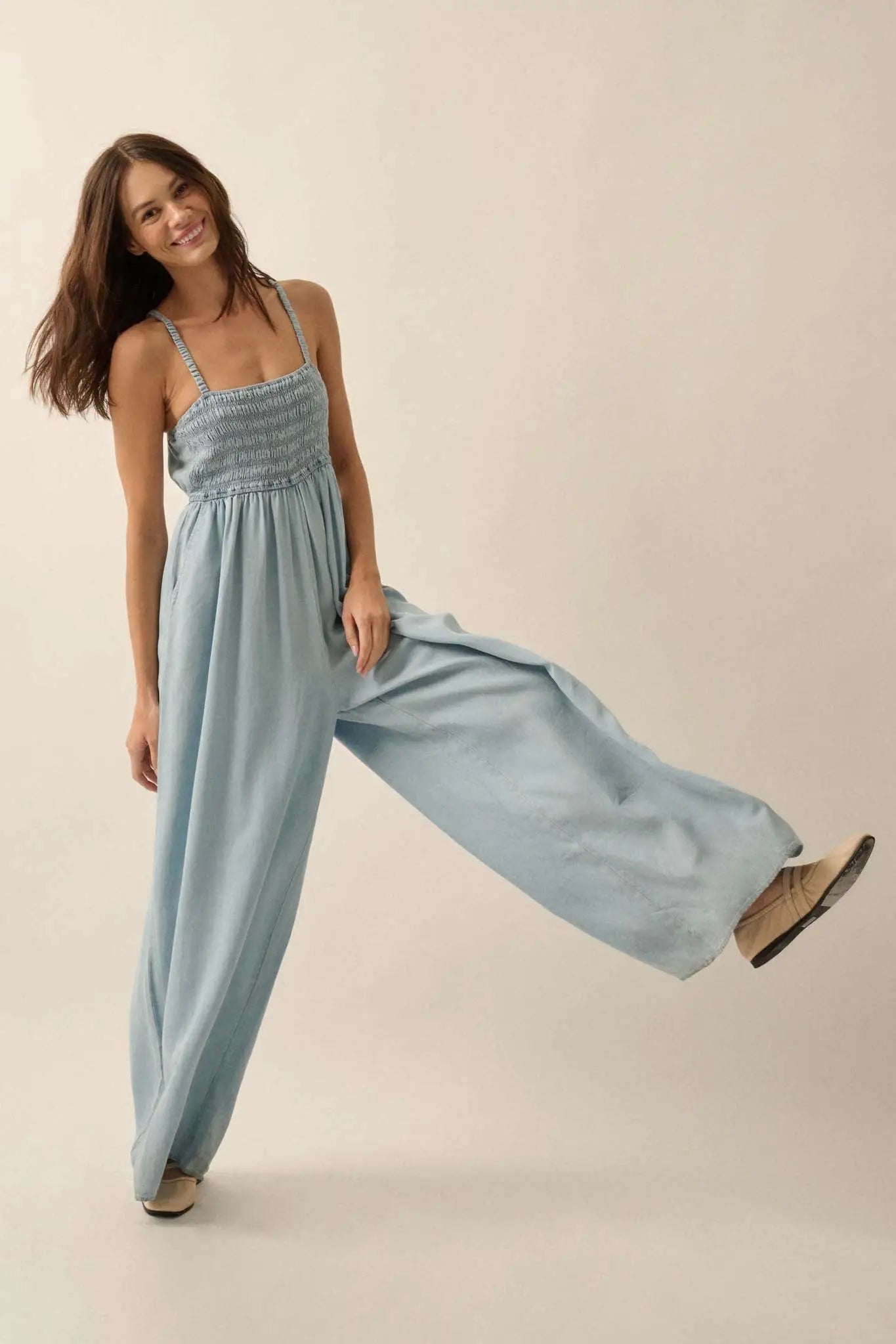 Into the Blue Smocked Denim Wide-Leg Jumpsuit