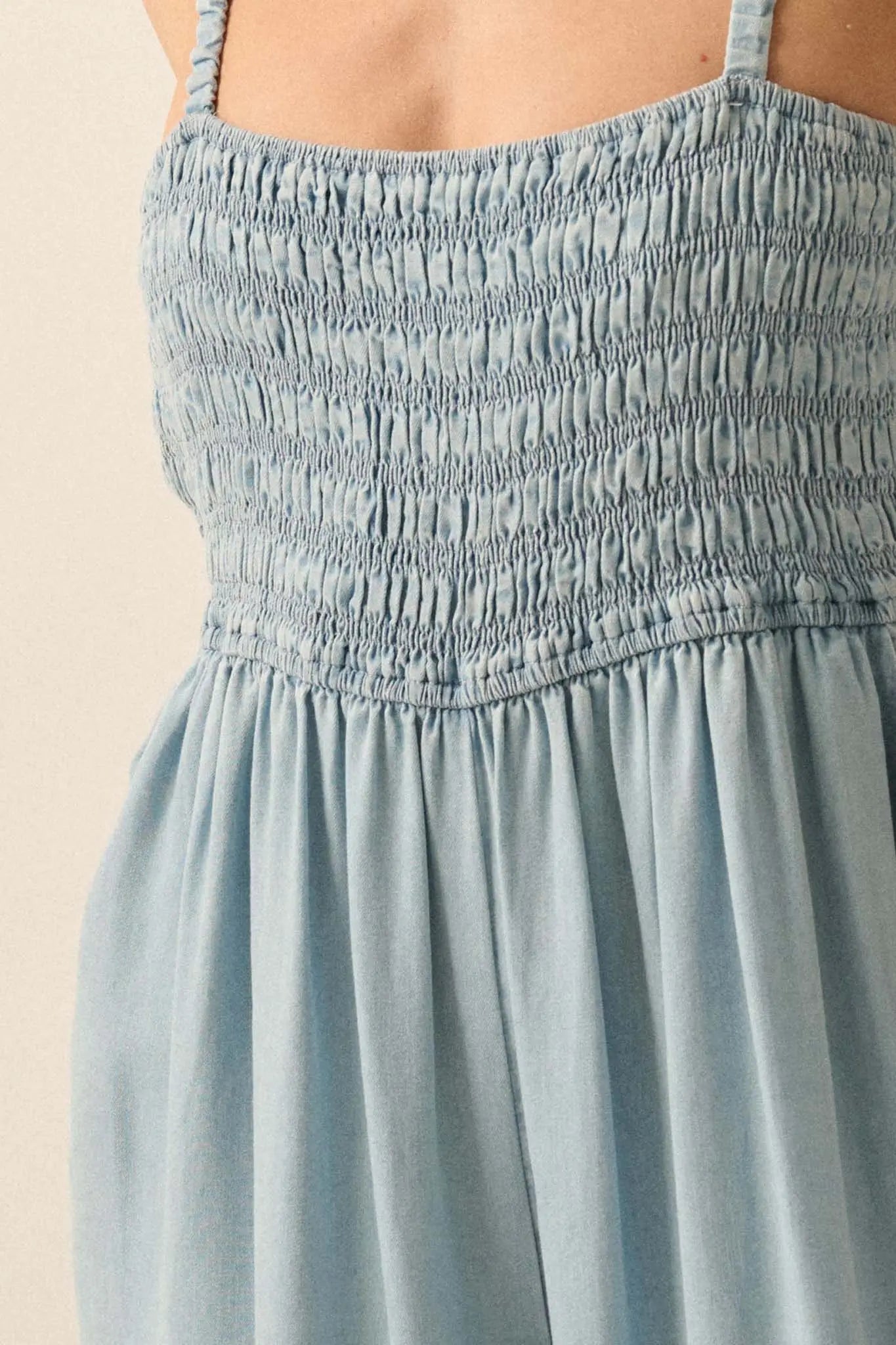 Into the Blue Smocked Denim Wide-Leg Jumpsuit