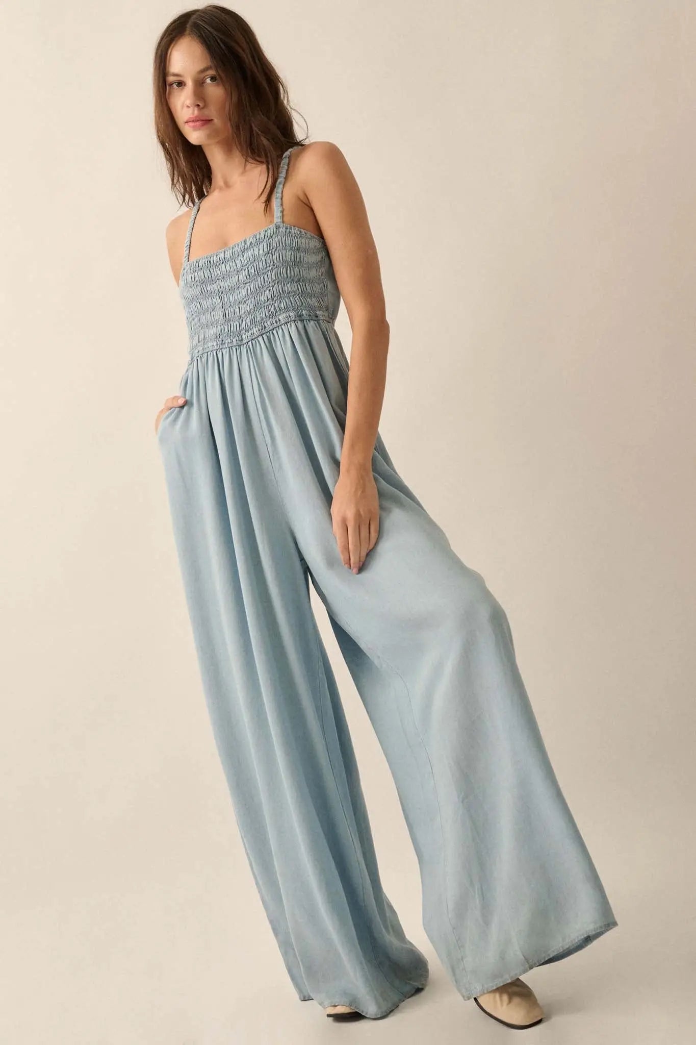 Into the Blue Smocked Denim Wide-Leg Jumpsuit