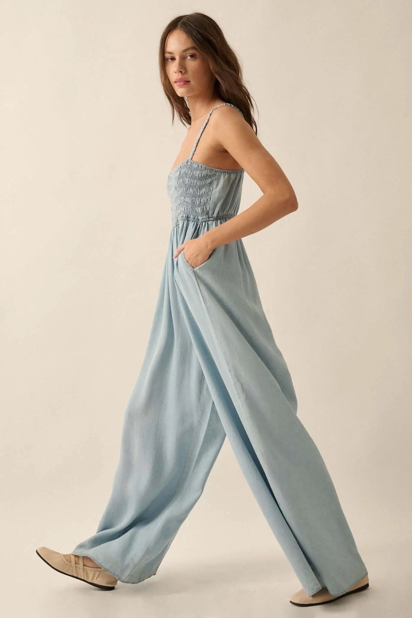 Into the Blue Smocked Denim Wide-Leg Jumpsuit