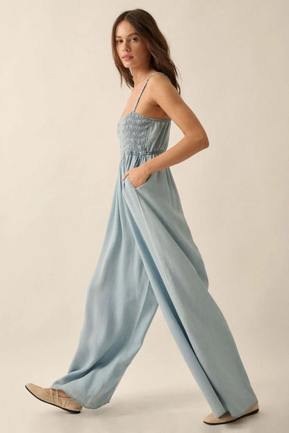 Into the Blue Smocked Denim Wide-Leg Jumpsuit