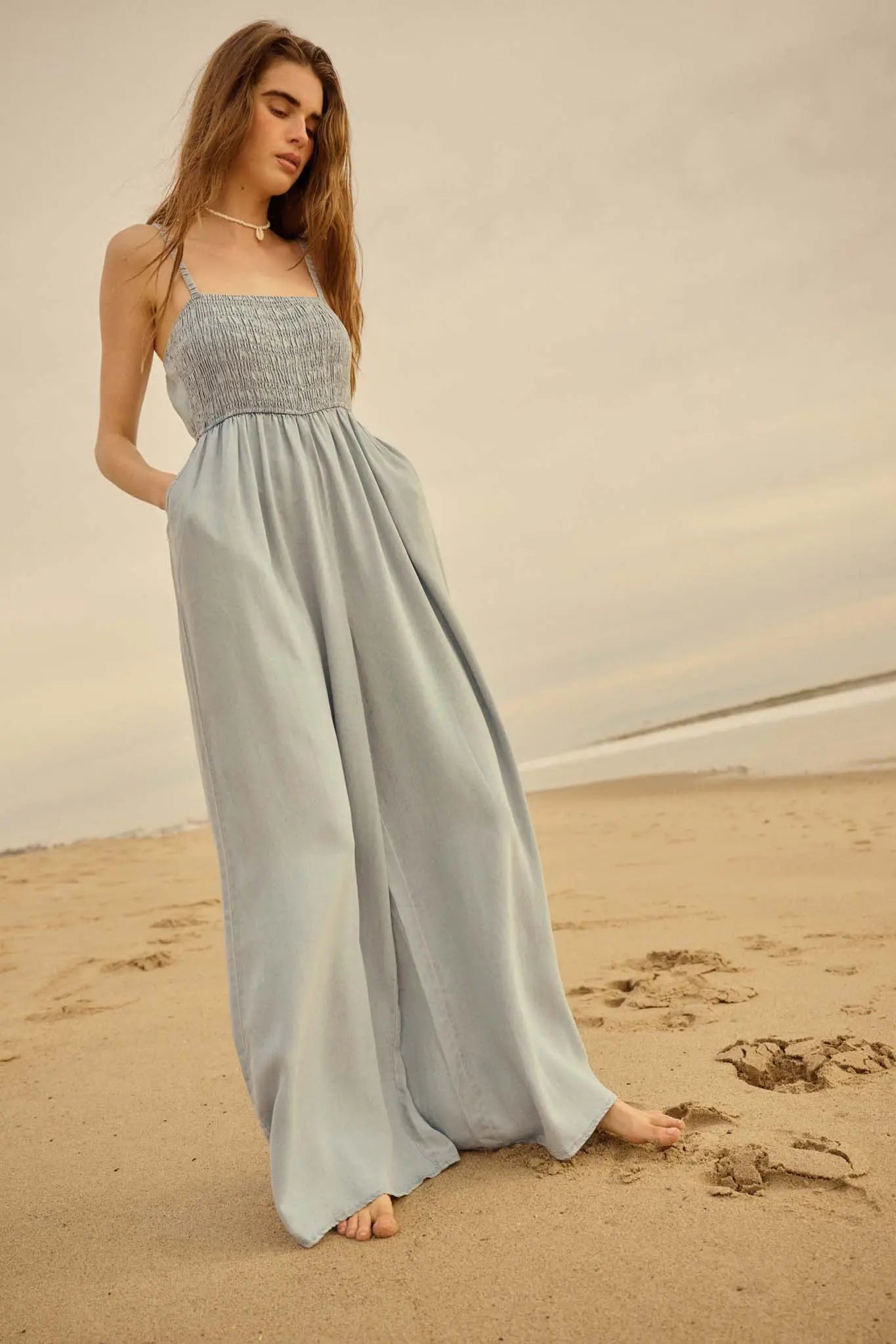 Into the Blue Smocked Denim Wide-Leg Jumpsuit